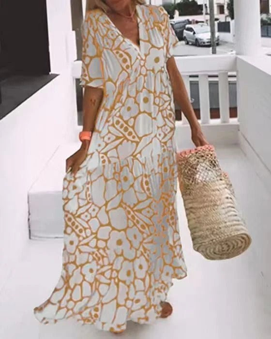 Robe longue femme – Coupe évasée – Décolleté en V – Manches courtes – Tissu respirant – Imprimé floral