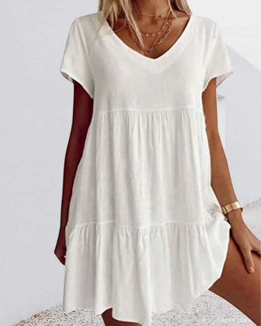 Robe Femme Évasée – Tissu Respirant – Coupe Ample – Col V – Détails Volants