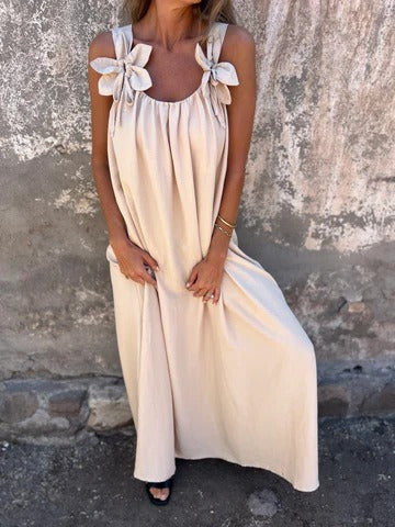 Robe longue femme – Coupe fluide – Tissu respirant – Épaules fleuries élégantes