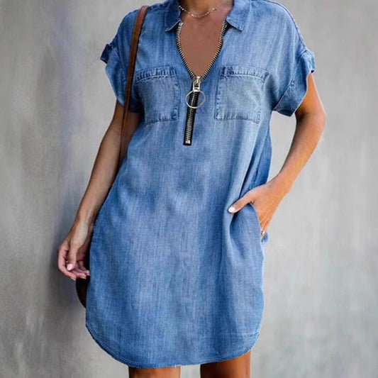 Robe femme en jean – Coupe décontractée – Manches courtes – Fermeture zippée – Poches utilitaires