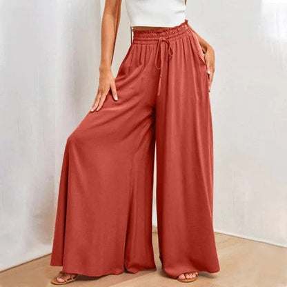 Pantalon femme large – Taille haute – Coton respirant – Ceinture élastique à lien