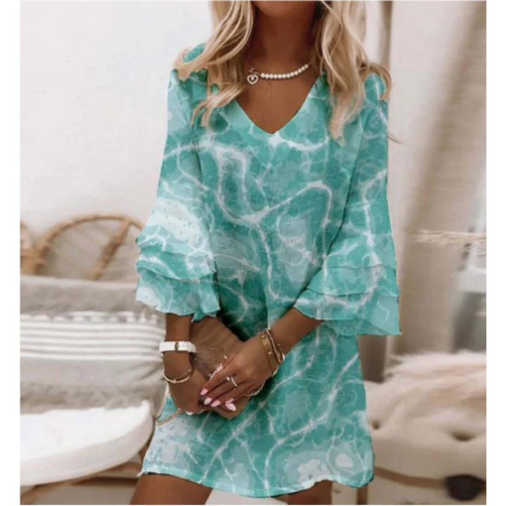 Robe mini femme – Coupe décontractée – Tissu respirant – Manches 3/4 – Col en V