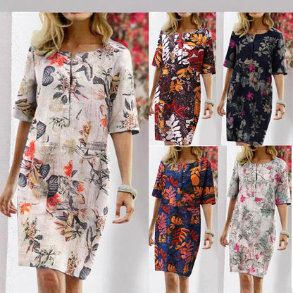 Robe droite femme – Imprimé tropical – Coupe décontractée – Mi-longue