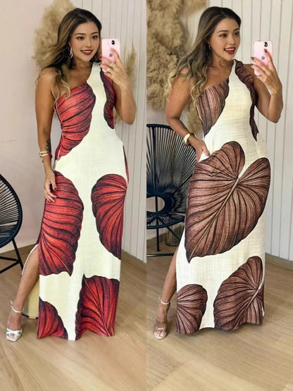 Robe longue femme – Coupe ajustée – Motif feuillage – Col montant – Sans manches – Fente latérale