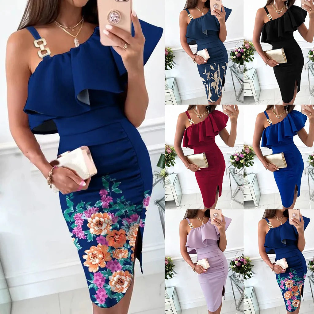 Robe moulante femme – Satin lustré – Volants – Fente latérale – Bretelles décoratives