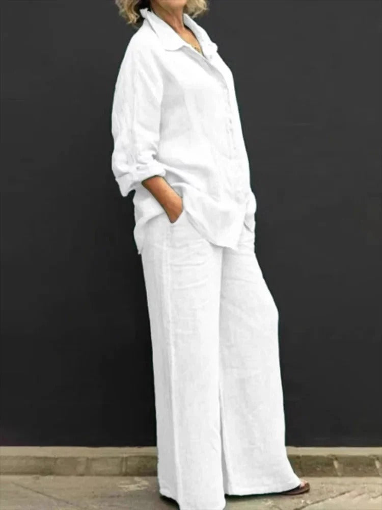 Ensemble Femme – Linnen Décontracté – Chemise Boutonnée – Pantalon Large Taille Haute
