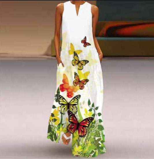 Robe longue femme – Coupe fluide – Col en V – Coton – Motif nature – Poches