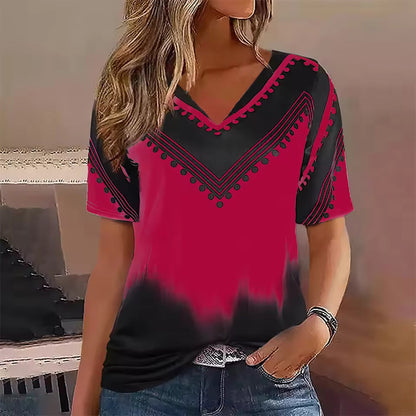 T-shirt femme – Coupe oversize – Col V – Manches courtes – Motif dégradé graphique