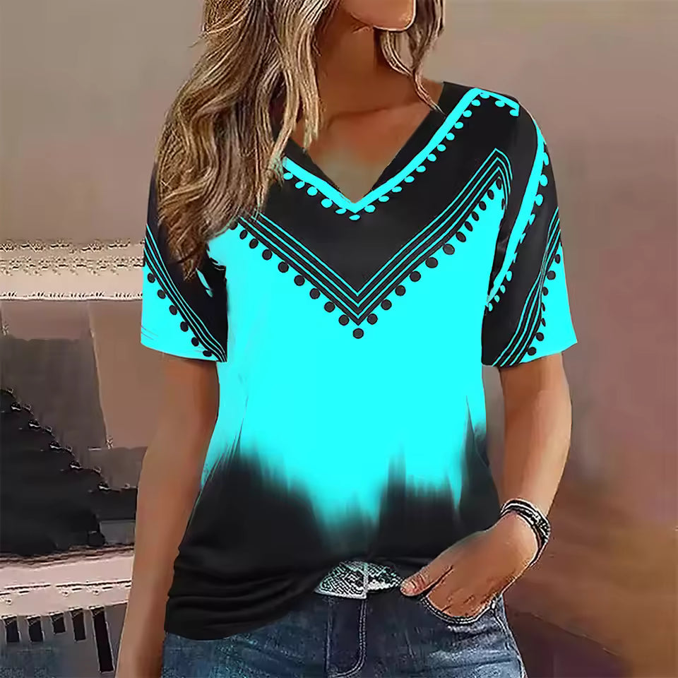 T-shirt femme – Coupe oversize – Col V – Manches courtes – Motif dégradé graphique