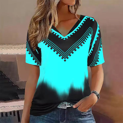 T-shirt femme – Coupe oversize – Col V – Manches courtes – Motif dégradé graphique