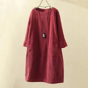 Robe femme – Coupe ample – Mi-longue – Velours côtelé – Manches 3/4 – Col rond