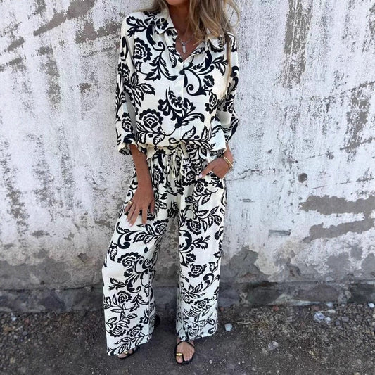 Ensemble Femme Deux Pièces – Coupe Décontractée – Motif Floral – Coton Mélangé