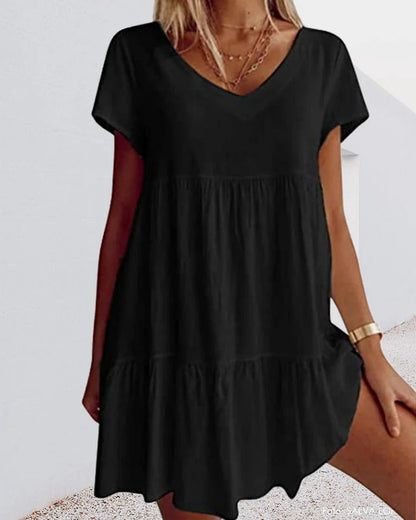 Robe Femme Évasée – Tissu Respirant – Coupe Ample – Col V – Détails Volants