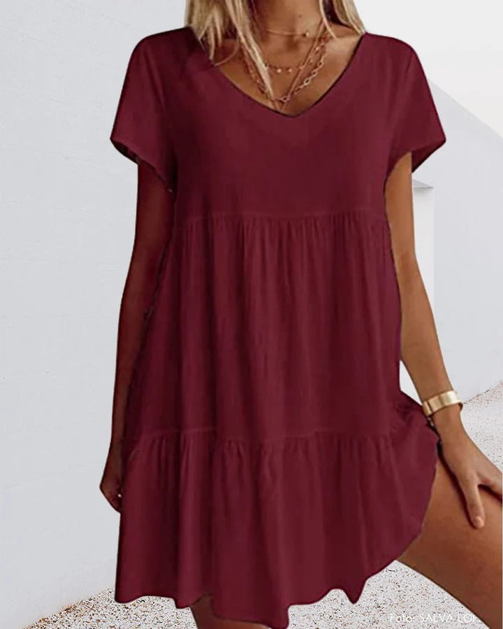 Robe Femme Évasée – Tissu Respirant – Coupe Ample – Col V – Détails Volants