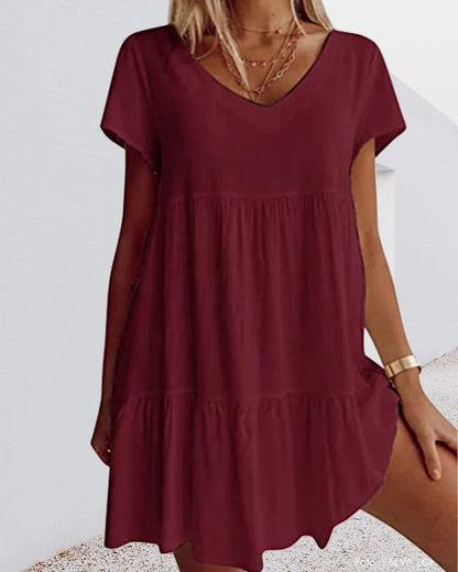 Robe Femme Évasée – Tissu Respirant – Coupe Ample – Col V – Détails Volants