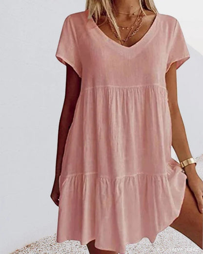 Robe Femme Évasée – Tissu Respirant – Coupe Ample – Col V – Détails Volants