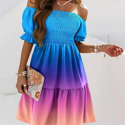 Robe midi femme – Épaule dénudée – Taille plissée – Imprimé bas – Coupe évasée