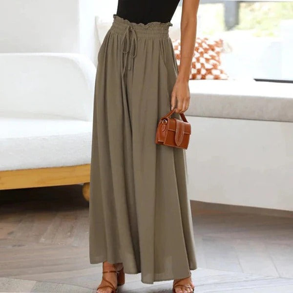 Pantalon femme large – Taille haute – Coton respirant – Ceinture élastique à lien