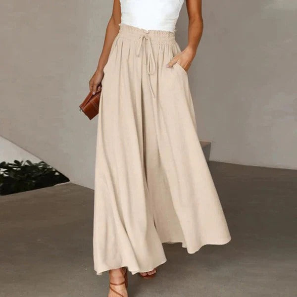 Pantalon femme large – Taille haute – Coton respirant – Ceinture élastique à lien