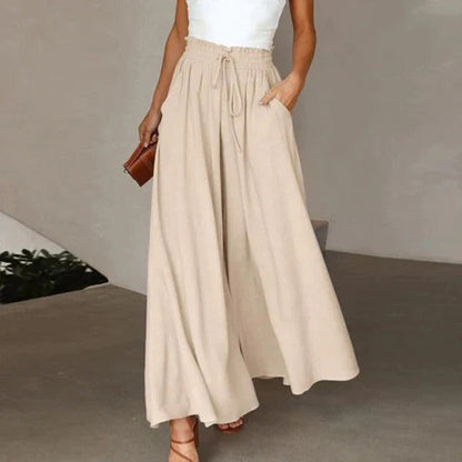 Pantalon femme large – Taille haute – Coton respirant – Ceinture élastique à lien