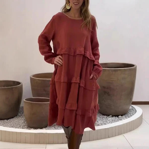 Robe longue femme – Linen – Coupe évasée – Manches longues à volants – Style décontracté