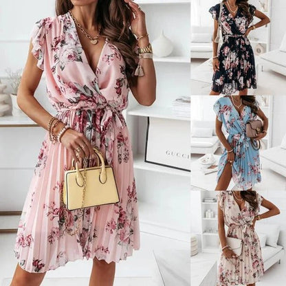 Robe femme – Coupe fluide – Imprimé fleuri – Décolleté V – Manches volantées – Ceinture nouée – Longueur midi