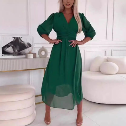 Women's long dress – V-neck – Long sleeves – Satiny