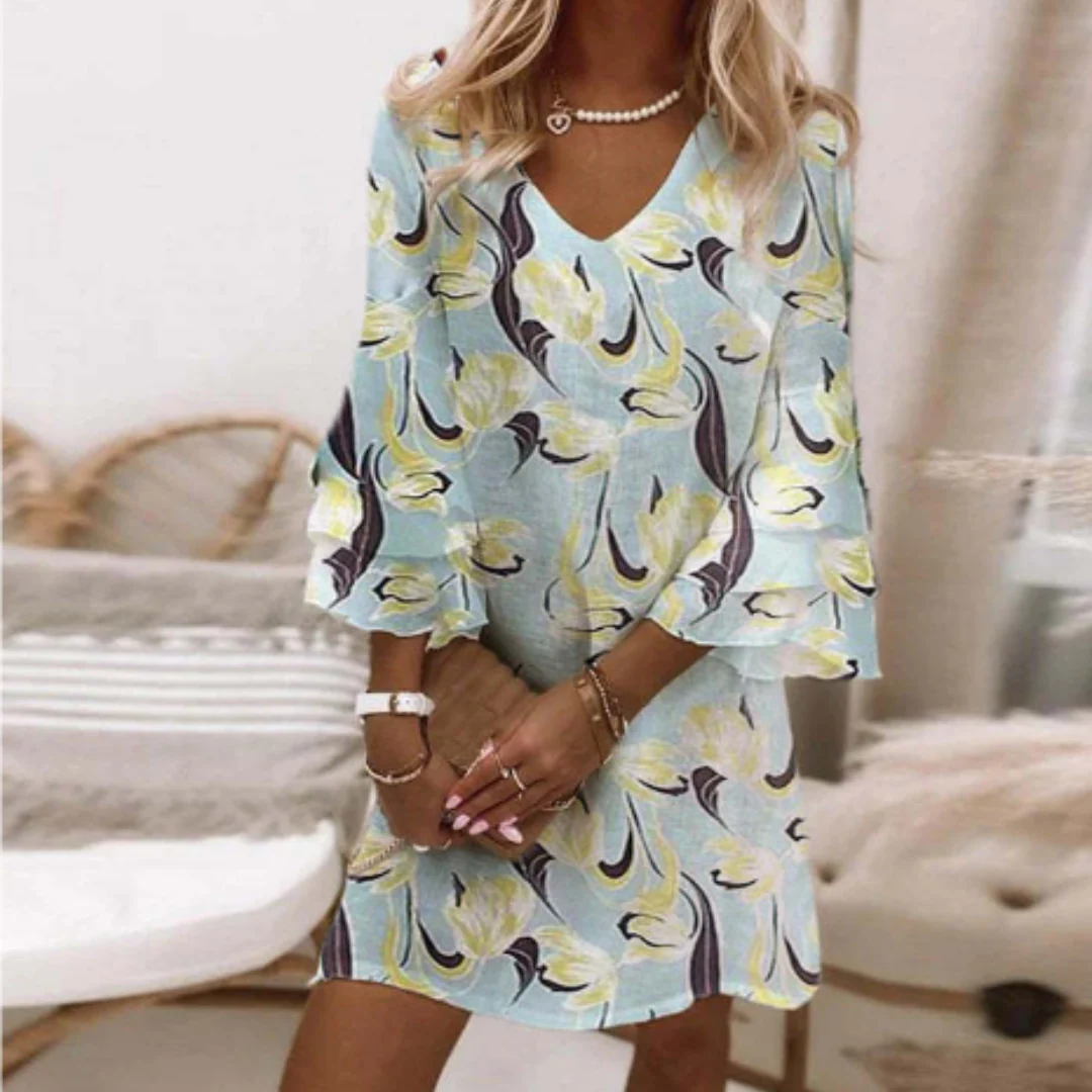Robe mini femme – Coupe décontractée – Tissu respirant – Manches 3/4 – Col en V