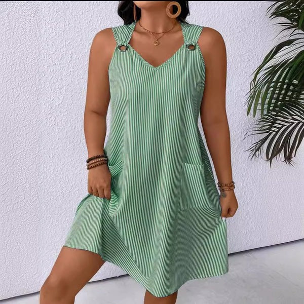 Robe femme trapèze – Décolleté en V – Rayures verticales – Poches – Bretelles à anneaux