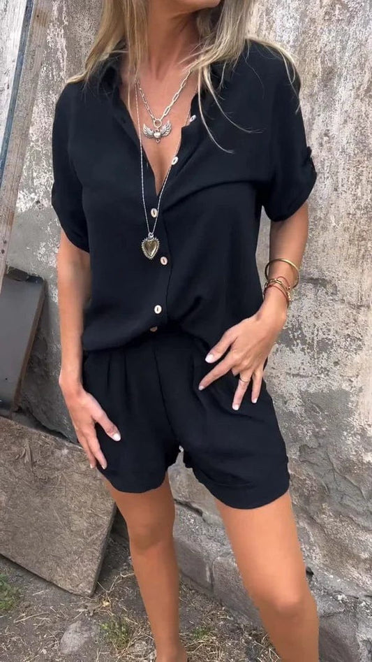 Ensemble chemisier et short pour femme – Coupe décontractée – Coton Lin – Manches courtes – Col classique boutonné