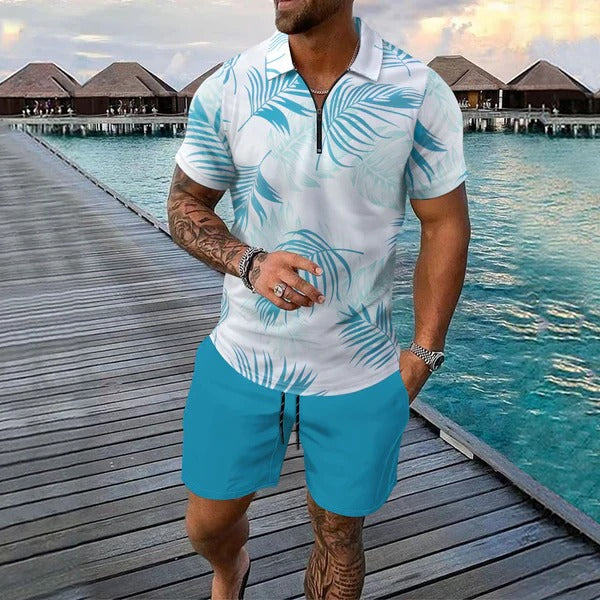 Ensemble homme polo et short – Coupe slim – Col zippé – Imprimé tropical