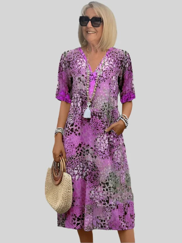 Robe midi femme – Coupe fluide – Col en V – Manches courtes – Imprimé abstrait – Poches