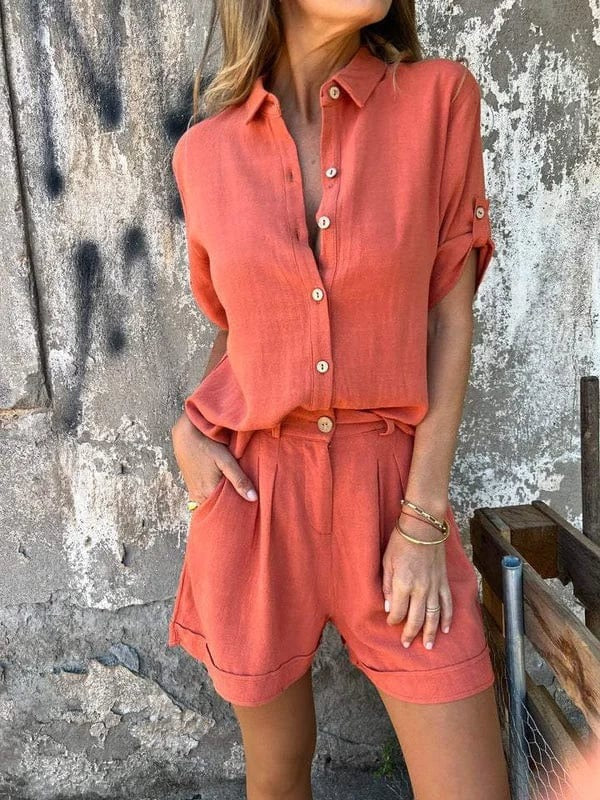 Ensemble chemisier et short pour femme – Coupe décontractée – Coton Lin – Manches courtes – Col classique boutonné