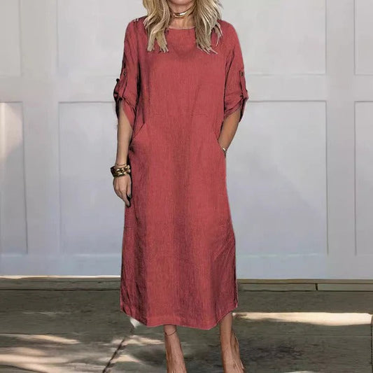 Robe longue femme – Coupe décontractée – Manches retroussables – Poches