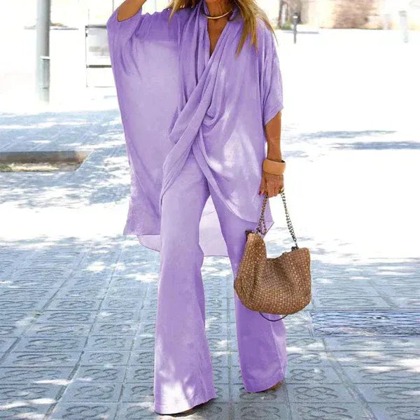 Ensemble Femme Deux Pièces – Haut Drapé Fluide – Pantalon Large – Coton