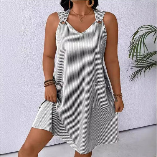 Robe femme trapèze – Décolleté en V – Rayures verticales – Poches – Bretelles à anneaux