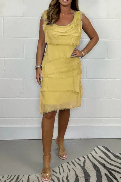Robe femme sans manches – Coupe fluide – Franges superposées – Longueur genou