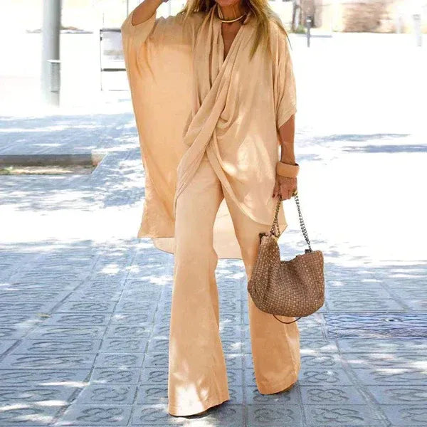 Ensemble Femme Deux Pièces – Haut Drapé Fluide – Pantalon Large – Coton