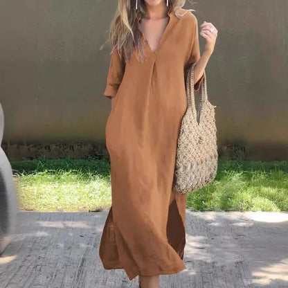 Robe longue femme – Coupe ample – Col en V – Manches mi-longues – Coton