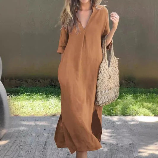 Robe longue femme – Coupe ample – Col en V – Manches mi-longues – Coton