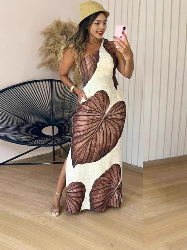 Robe longue femme – Coupe ajustée – Motif feuillage – Col montant – Sans manches – Fente latérale