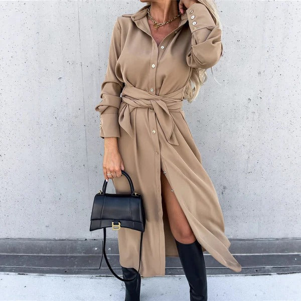 Women's Shirt Dress – Fitted Cut – Fluid Fabric effect Silk – Belted Waist – Midi Length