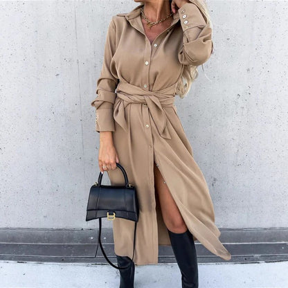 Women's Shirt Dress – Fitted Cut – Fluid Fabric effect Silk – Belted Waist – Midi Length