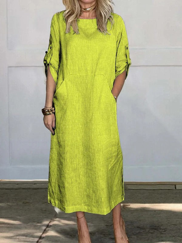 Robe longue femme – Coupe décontractée – Manches retroussables – Poches