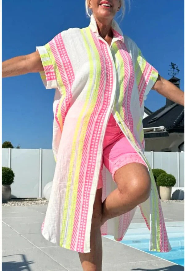 Robe midi femme – Coupe décontractée – Coton doux – Manches courtes – Col chemise