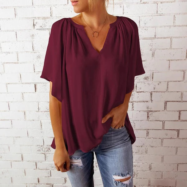 Blouse femme – Coupe décontractée – Col en V – Manches courtes