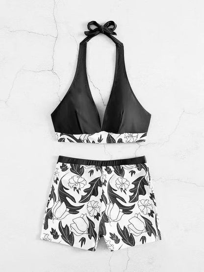 Maillot de bain femme – Bikini deux pièces – Haut dos nu – Short taille haute extensible – Imprimé fleuri