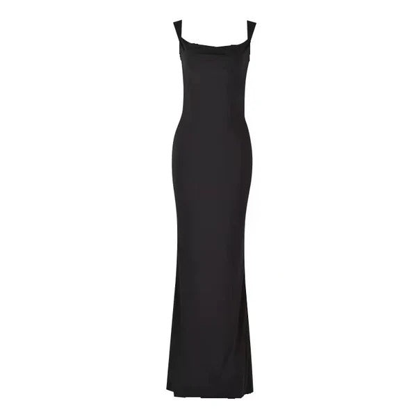 Robe de soirée femme – Coupe ajustée – Encolure drapée – Longueur maxi satinée