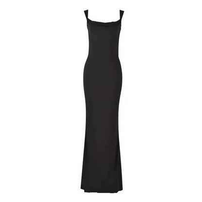 Robe de soirée femme – Coupe ajustée – Encolure drapée – Longueur maxi satinée