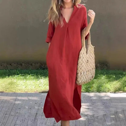 Robe longue femme – Coupe ample – Col en V – Manches mi-longues – Coton
